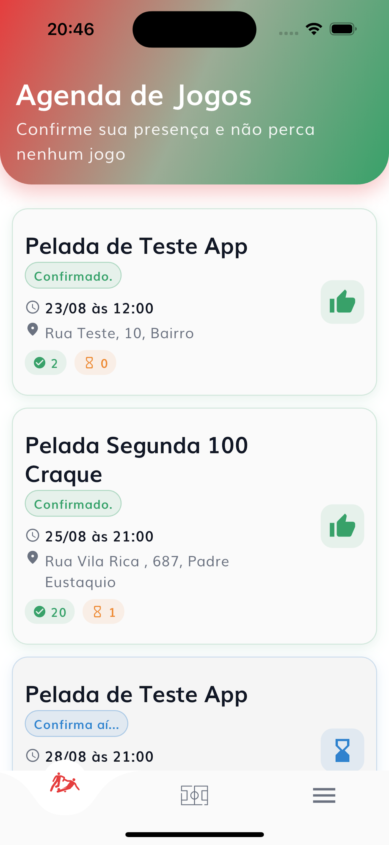 Tela de gerenciamento de peladas